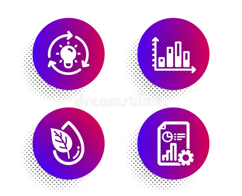 Diagram graph, Organic product and Idea icons set. Report sign. Presentation chart, Leaf, Lightbulb. Vector stock illustration