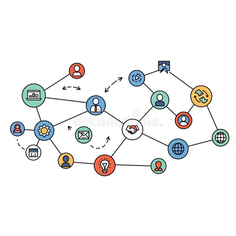 Diagram illustrating a complex interconnected network. Multicolored circles contain vector illustration