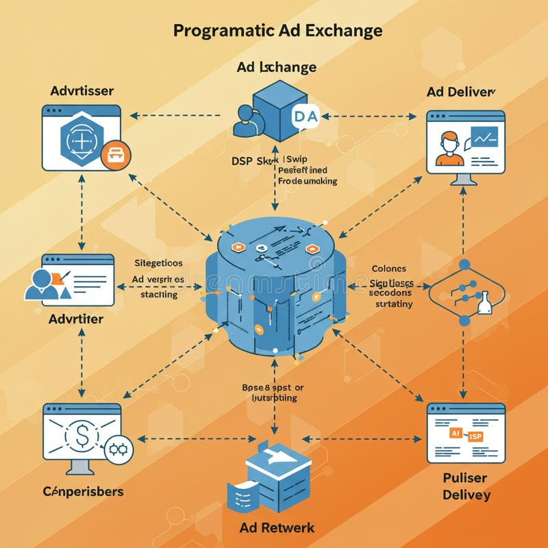 Diagram illustrating a programmatic ad exchange system. Centralized cylindrical stock illustration