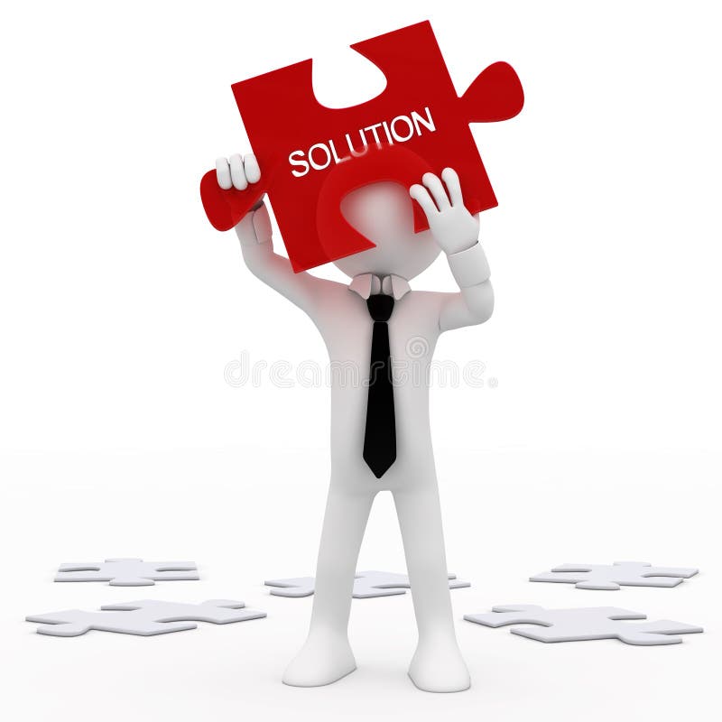 Three dimensional figure carrying red jigsaw piece with word solution; white background. Three dimensional figure carrying red jigsaw piece with word solution; white background.