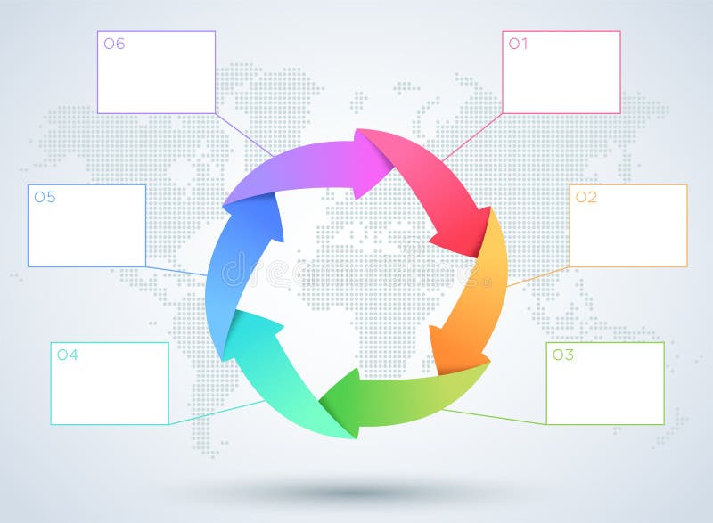 Diagrama del negocio de la flecha de Infographic 6 con el mapa del mundo stock de ilustración Diagrama del negocio de la flecha de Infographic 6 con el mapa del mundo stock de ilustración