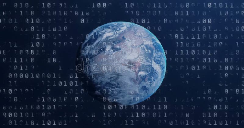 Diagramm und Binärkodierung mit Globus über blauem Hintergrund stockfotografie