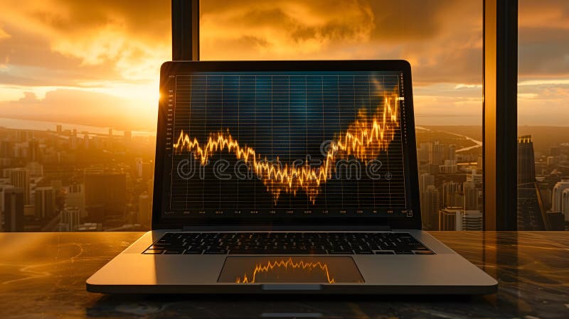 Diagramă aurie pe ecranul laptopului, cu apus de soare auriu și fundal de peisaj în fereastră mare stock illustration