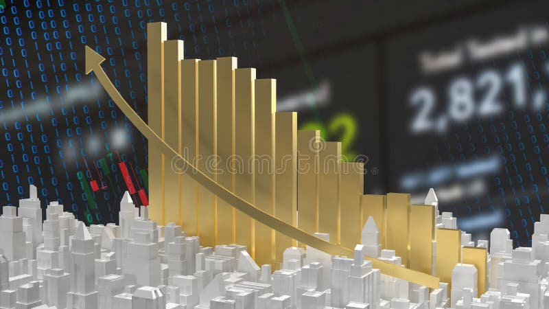 Diagramă aurie și clădire albă pentru business sau concept de proprietate 3d royalty free illustration