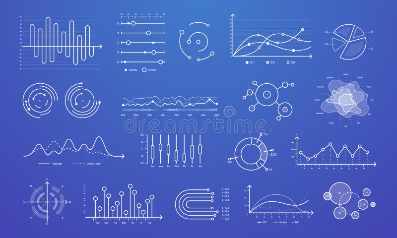 Diagramă cu grafice liniare. diagrame cu linii subțiri grafice moderne și diagramă de prezentare cu bare circulare separată stock illustration