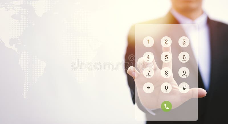 Dialing on virtual telephone keypad with transparent telephone buttons, businessman touch button of telephone number on screen, Finger touch number on smartphone to make a call, close up