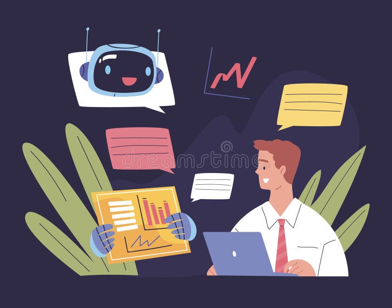 Dialog mit Kunden. Arbeiter oder Entwickler, die mit android bot ai assistent online chatten lizenzfreie abbildung
