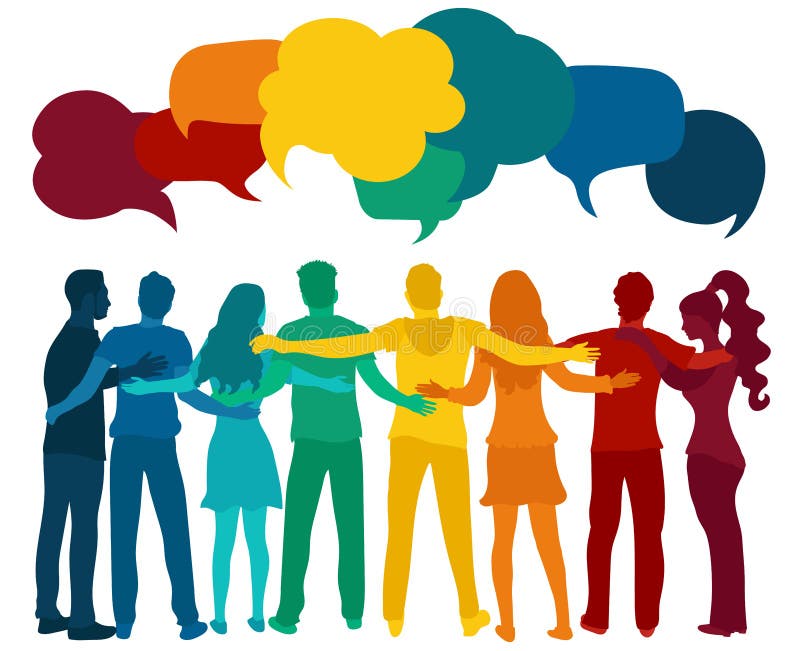 Dialog- und Freundschaftsschattenbildgruppe multiethnische Menschen der verschiedenen Kultur Mitteilung sprechen Diskussion Menge