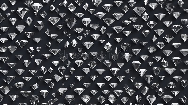 Diamant Pattern. Ein Muster zahlreicher transparenter Facettengemälde mit reflektierender Oberfläche, die einen funkelnden Effekt erzeugen. Sie sind symmetrisch auf einem dunkelstrukturierten Hintergrund angeordnet, wobei jede geometrische Form leicht in der Größe variiert. Die Edelsteine zeigen klassische Rautenschnitte, die ihre vielseitige Brillanz verstärken und ein elegantes, faszinierendes Muster mit luxuriösem Ambiente schaffen.