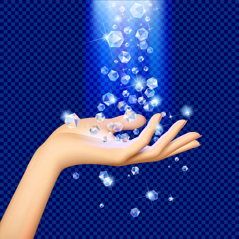 Diamants sous la lumière bleue tombant sur la main du ` s de femme illustration de vecteur Diamants sous la lumière bleue tombant sur la main du ` s de femme illustration de vecteur