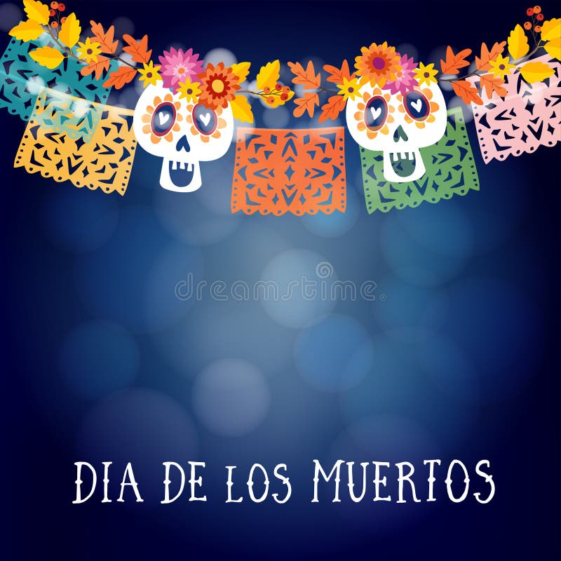 Diameter de los muertos, mexicansk dag av död- eller allhelgonaaftonkortet, inbjudan med girlanden av ljus, sculls och handgjort royaltyfri illustrationer Diameter de los muertos, mexicansk dag av död- eller allhelgonaaftonkortet, inbjudan med girlanden av ljus, sculls och handgjort royaltyfri illustrationer