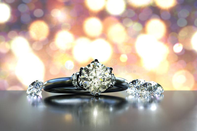 A Diamond Ring with Five Diamonds on Black Background. 3D Illustration