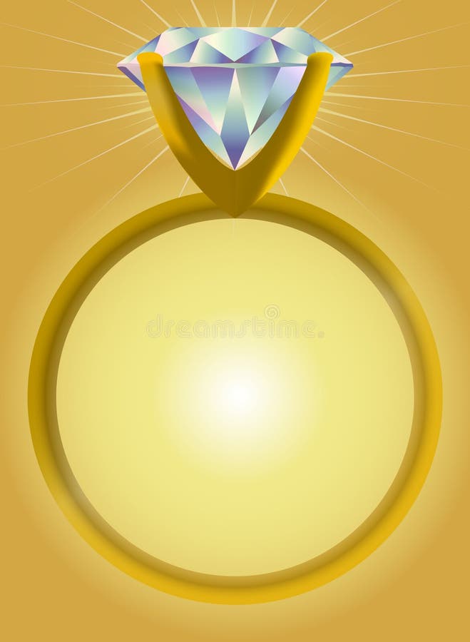 Illustrazione di un diamante taglio brillante solitario anello di fidanzamento in uno stile tiffany monte contro uno sfondo d'oro.