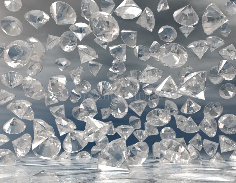 Digital visualization of many diamonds. Fortune raining illustrations