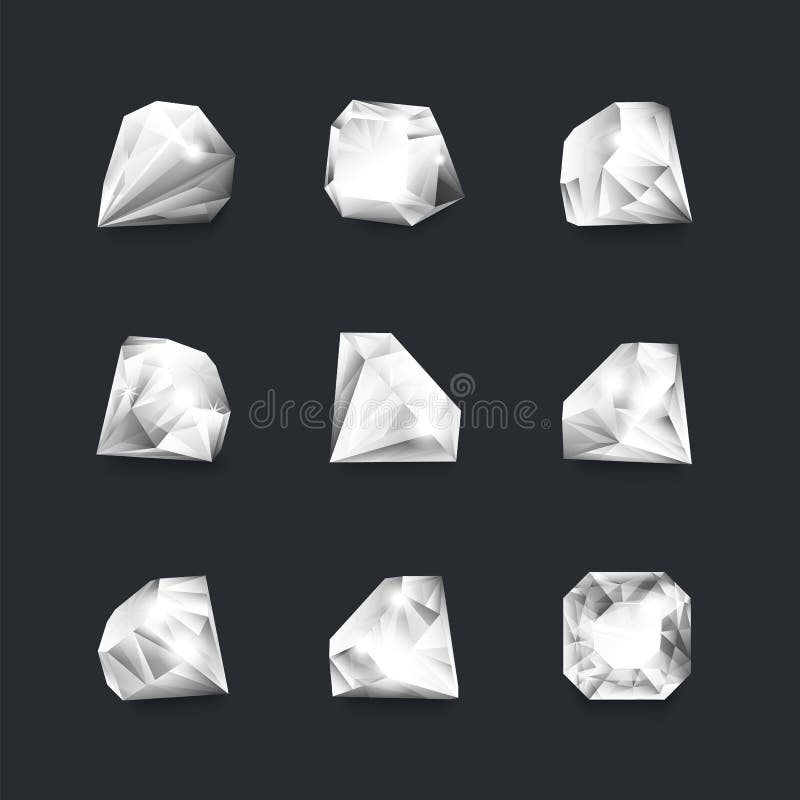 Diamonds. Realistic luxury jewel stones round shape with shiny edges, 3D white diamonds isolated on black background