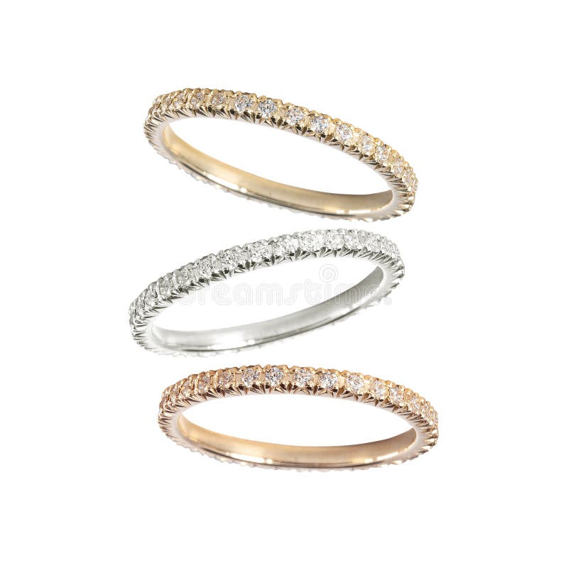 Diamonds Wedding Three Colors Ring Group on White Isolated Cartier