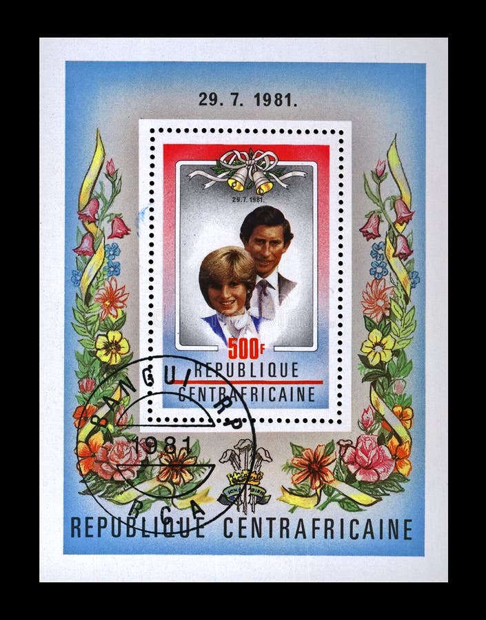 Diana Spencer und Prinz Charles Royal Wedding, Republik Zentralafrika, circa 1981, lizenzfreies stockbild Diana Spencer und Prinz Charles Royal Wedding, Republik Zentralafrika, circa 1981, lizenzfreies stockbild
