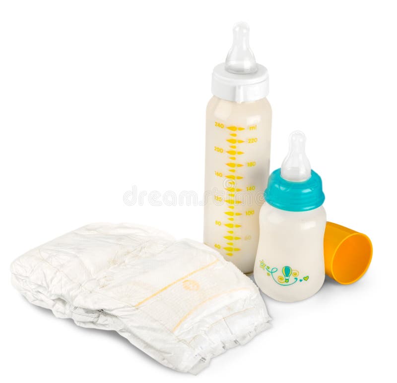 Diaper, Baby Bottle with Milk Isolated on White Stock Photo - Image of ...