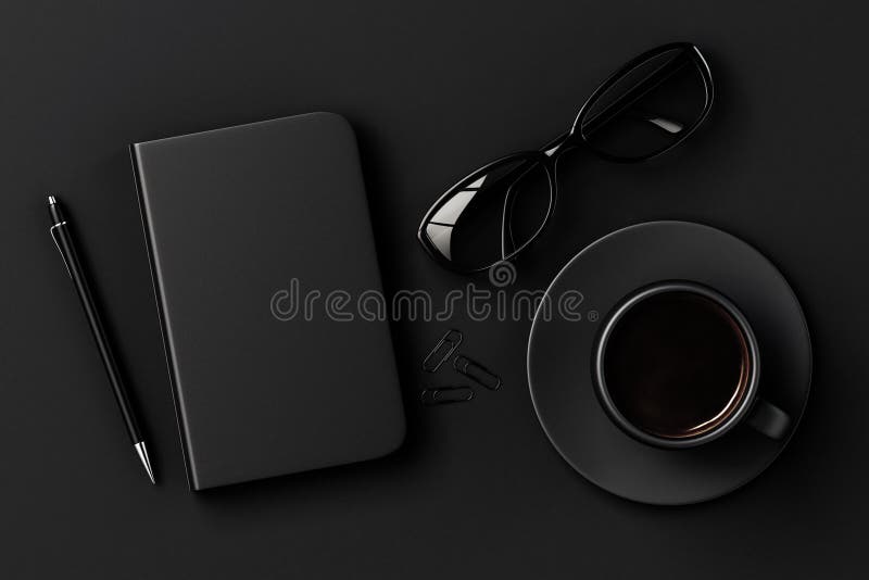 Diario en blanco, pluma, taza de café, clips y vidrios en tabl negro fotografía de archivo libre de regalías Diario en blanco, pluma, taza de café, clips y vidrios en tabl negro fotografía de archivo libre de regalías