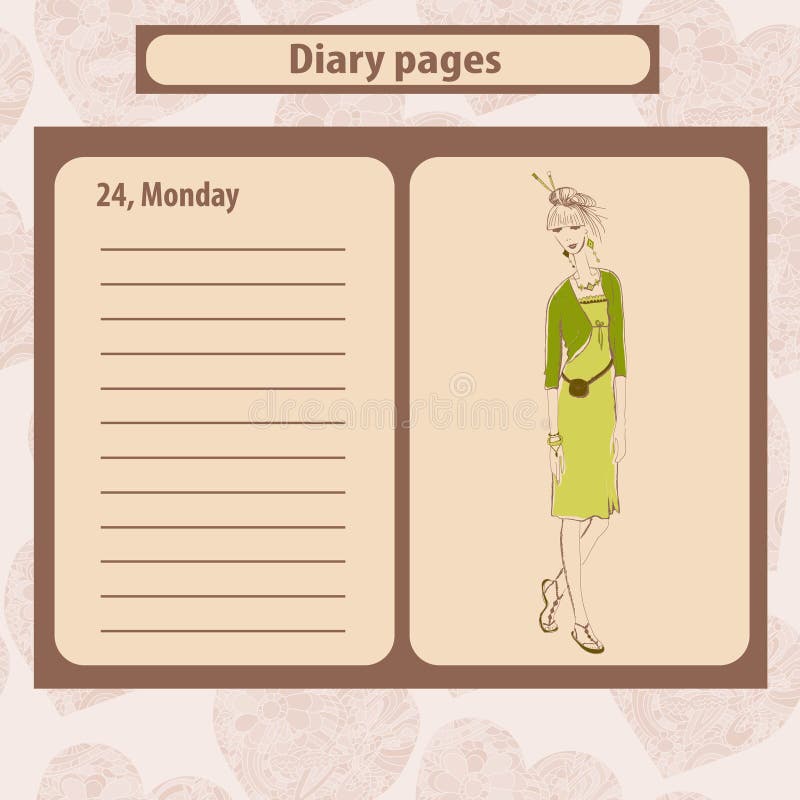 Diary Or Note Pages With Illustration Of Young Fashion ...
