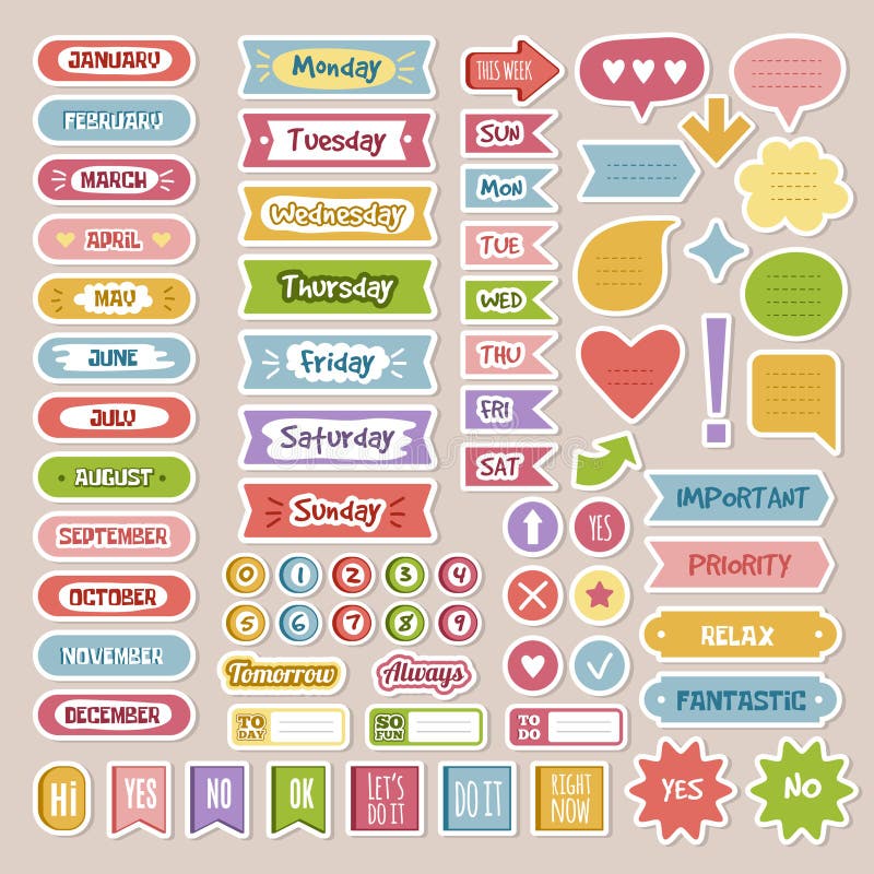 Diary stickers. School agenda or business planner notes monthly and daily stickers notebook education checklist symbols recent stock illustration