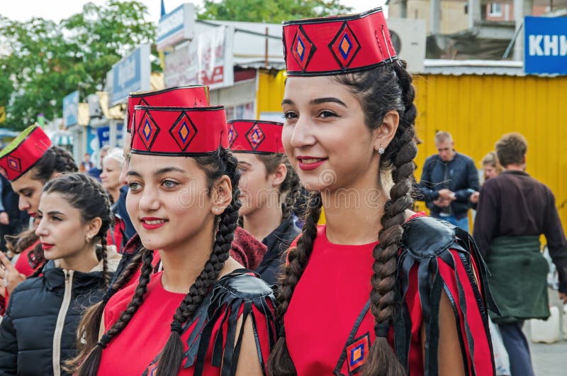 Dnipro, Ukraine - September 29, 2018: Armenian diaspora in celebration in honor of 100th anniversary of Dnipro Academic Music and Drama Theater named after Shevchenko. Dnipro, Ukraine - September 29, 2018: Armenian diaspora in celebration in honor of 100th anniversary of Dnipro Academic Music and Drama Theater named after Shevchenko