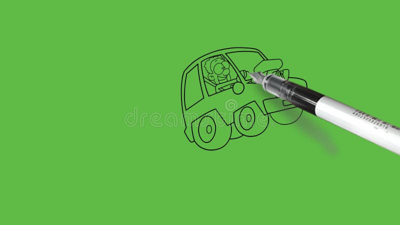 Dibujar a un joven conduciendo un coche en carretera a alta velocidad con un contorno negro sobre el fondo de pantalla verde abstr libre illustration