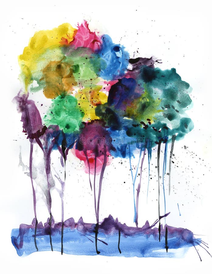 Dibujo Acuarela De Un Paisaje Abstracto. árboles Multicolores Sobre Fondo Blanco Foto de archivo con acuarelas Dibujo Acuarela De Un Paisaje Abstracto. árboles Multicolores Sobre Fondo Blanco Foto de archivo
