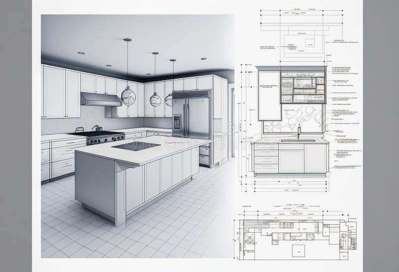 Dibujo arquitectónico con texto falso y descripciones de un ai generativo de cocina personalizado ilustración del vector