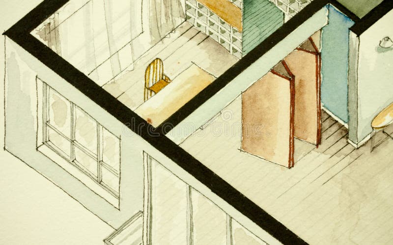 Dibujo arquitectónico parcial isométrico de la acuarela del plan de piso del apartamento, simbolizando acercamiento artístico al libre illustration Dibujo arquitectónico parcial isométrico de la acuarela del plan de piso del apartamento, simbolizando acercamiento artístico al libre illustration