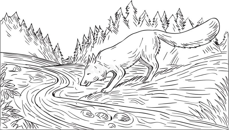 Dibujo blanco y negro de consumición de maderas del río del Fox