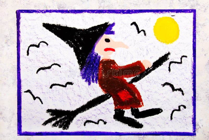 Dibujo colorido de la mano: Viejo vuelo feo de la bruja en una escoba libre illustration Dibujo colorido de la mano: Viejo vuelo feo de la bruja en una escoba libre illustration