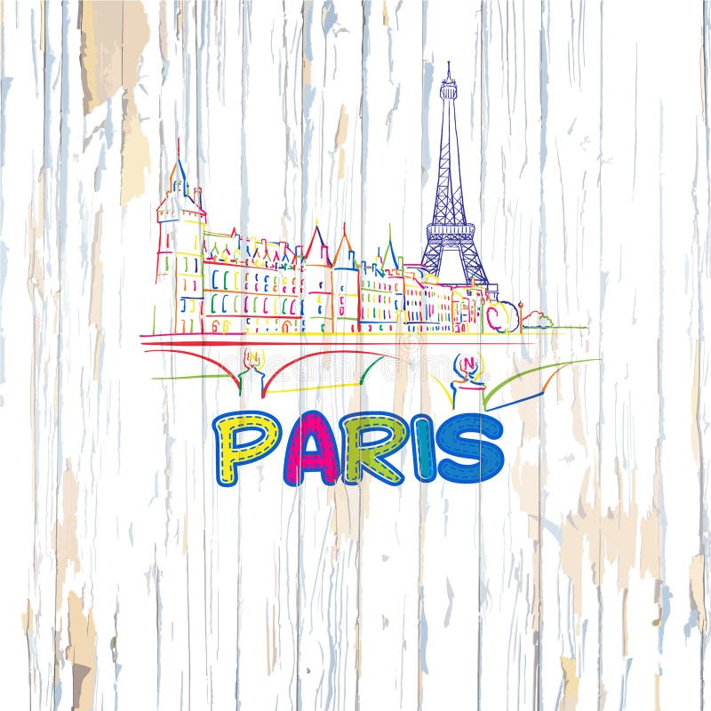 Dibujo colorido de París en fondo de madera ilustración del vector Dibujo colorido de París en fondo de madera ilustración del vector