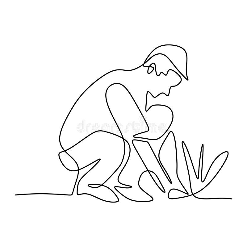 Dibujo continuo de la línea de una persona que siembra una planta en el jardín de casa. feliz padre está plantando con cuidado sem stock de ilustración
