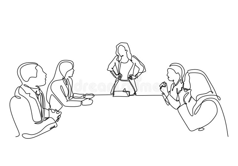 Dibujo continuo de una línea de reunión de la empresa con la mujer como vector principal Concepto dibujado a mano por un solo min