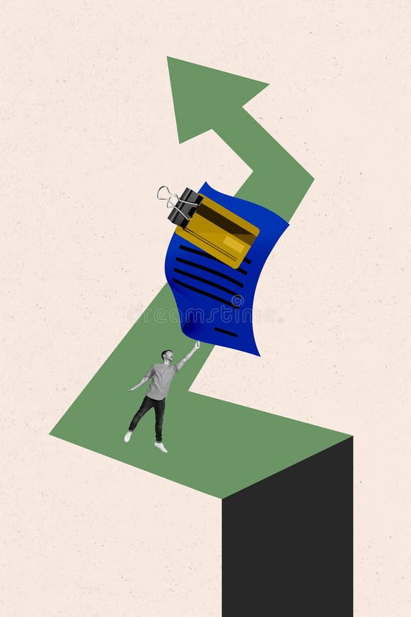 Dibujo de arte de plantilla de collage de fotos en 3D de hombre joven de pie sujete documento tarjeta de crédito moneda dinero fin imagen de archivo