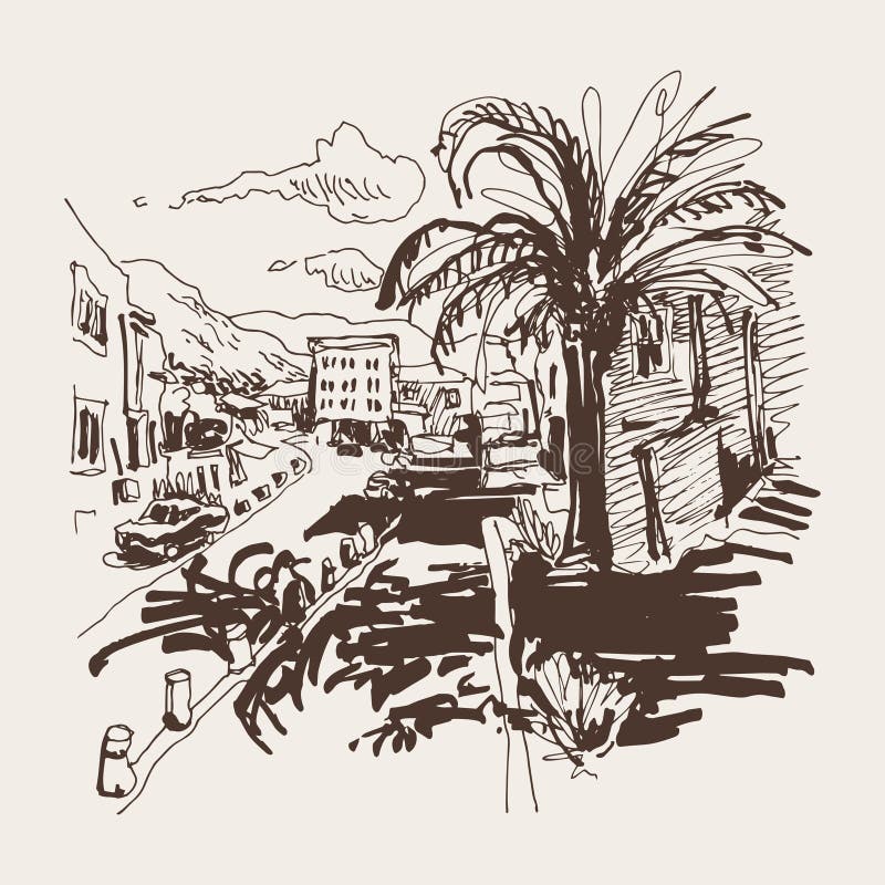 Dibujo de bosquejo de la sepia de la calle de Petrovac Montenegro con la palma