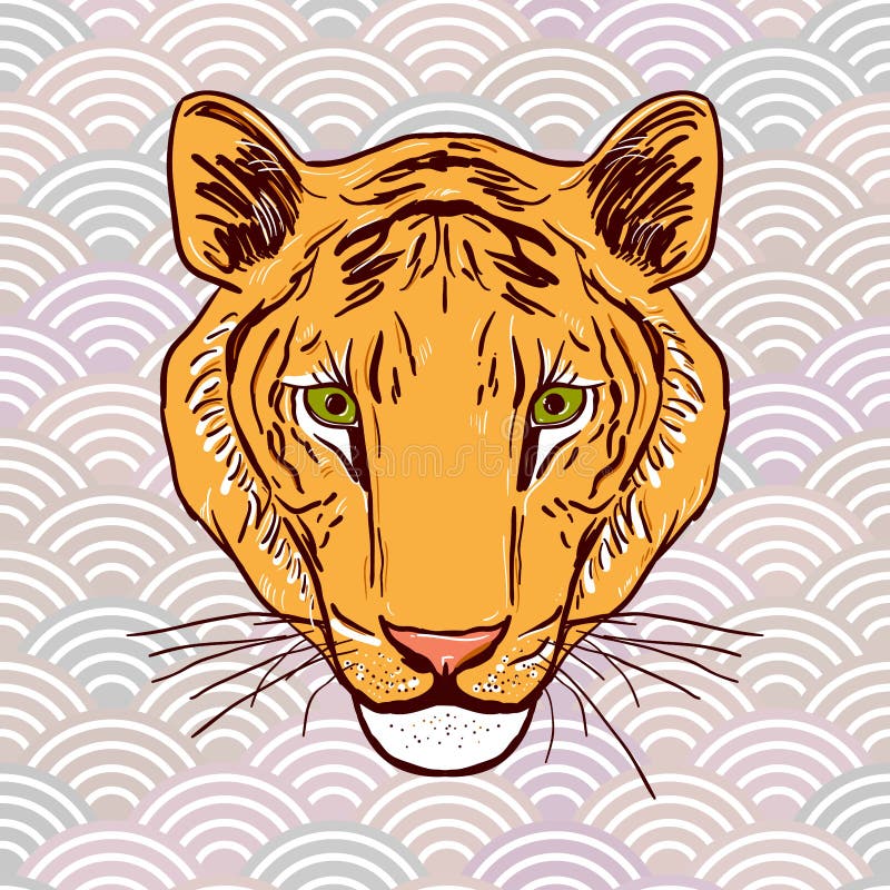 Dibujo de bosquejo de la cabeza del tigre en elementos redondos abstractos de un fondo gris ci asiático de la onda de la naturale libre illustration Dibujo de bosquejo de la cabeza del tigre en elementos redondos abstractos de un fondo gris ci asiático de la onda de la naturale libre illustration
