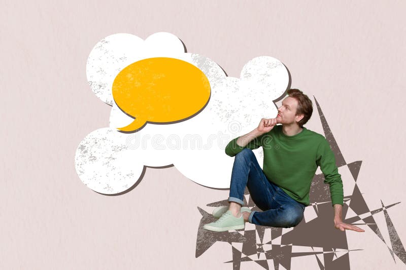 Dibujo de dibujo compuesto foto collage dibujo de un joven sentado pensar en la imaginación del sueño de la nube de habla vacía libre illustration