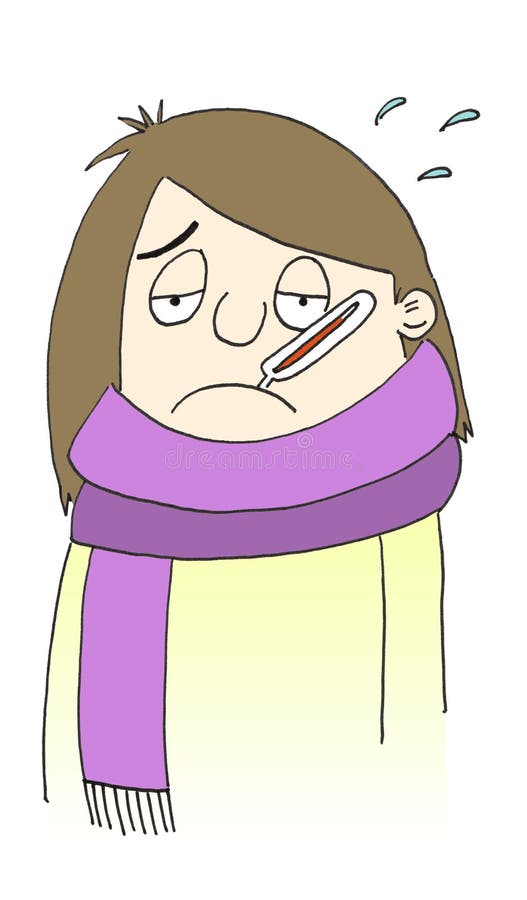  Dibujo De Dibujos Animados   Mujer Enferma Con Fiebre O Covid1  Stock de ilustración