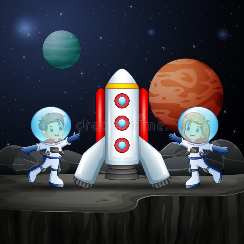 Dibujo de dos niños astronautas explorando el espacio