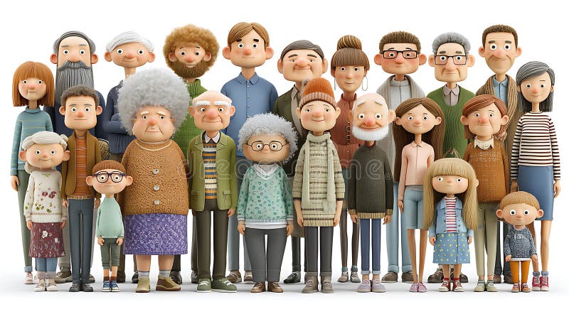 Dibujo de grupo multigeneracional diverso Ilustración Familia feliz 3D ilustración del vector
