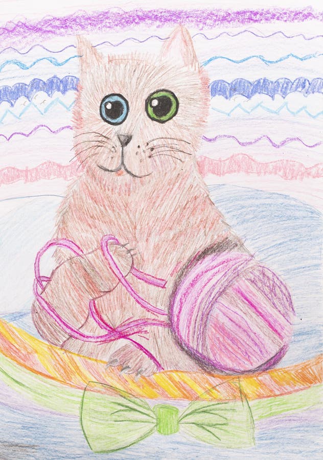 Dibujo De Lápiz Infantil De Una Vista De Gato Stock de ilustración