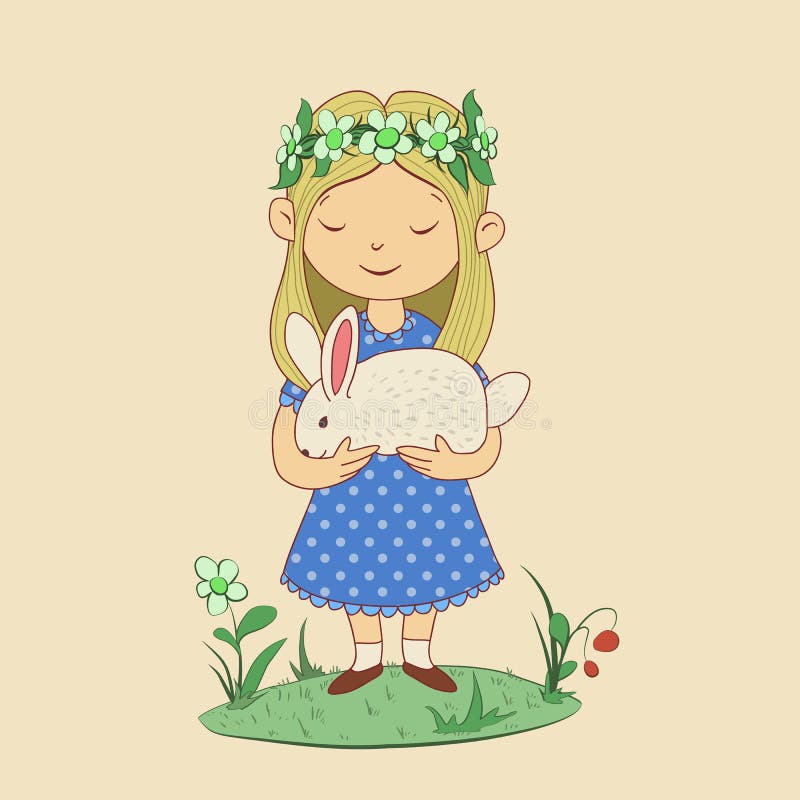 Dibujo de la muchacha linda con el conejo en sus manos Pascua feliz Ejemplo divertido del vector del carácter en fondo beige stock de ilustración Dibujo de la muchacha linda con el conejo en sus manos Pascua feliz Ejemplo divertido del vector del carácter en fondo beige stock de ilustración