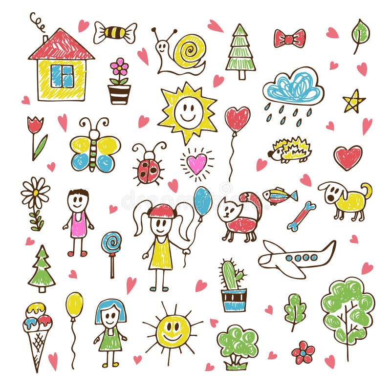 Dibujo de los niños del garabato Sistema dibujado mano de dibujos en pocilga del niño ilustración del vector Dibujo de los niños del garabato Sistema dibujado mano de dibujos en pocilga del niño ilustración del vector