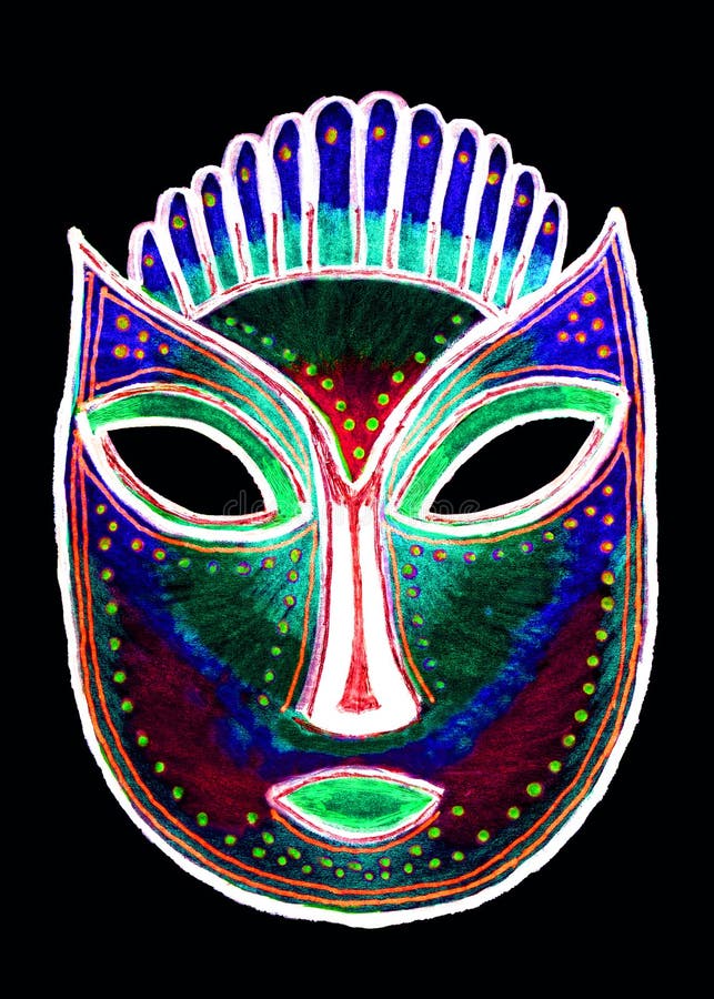 Dibujo de mano libre colorido si se trata de una máscara. Imagen dibujada a mano si una máscara con motivos de color en un fondo negro