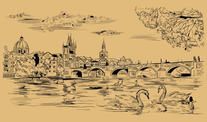 Dibujo a mano vectorial beige Praga 8 stock de ilustración