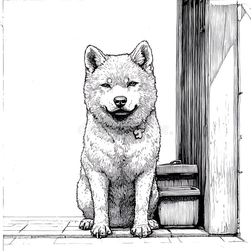 Dibujo de pluma y tinta de una cachorra de Akita Inu sentada en un porche ilustración del vector