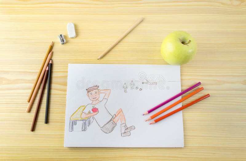 Dibujo de un niño que come la manzana fotografía de archivo libre de regalías Dibujo de un niño que come la manzana fotografía de archivo libre de regalías