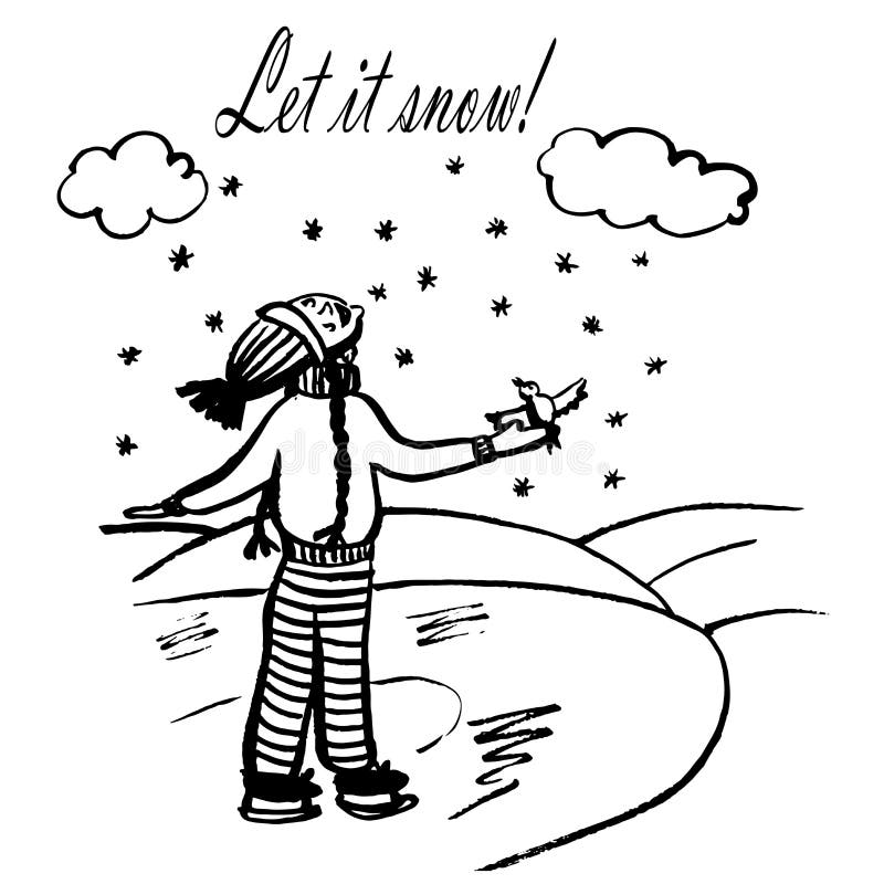 Dibujo de una muchacha en los patines en un sombrero divertido y con las coletas que comen nieve, abriendo su boca, colocándose en una pista de patinaje, bosquejo, ejemplo a mano del vector